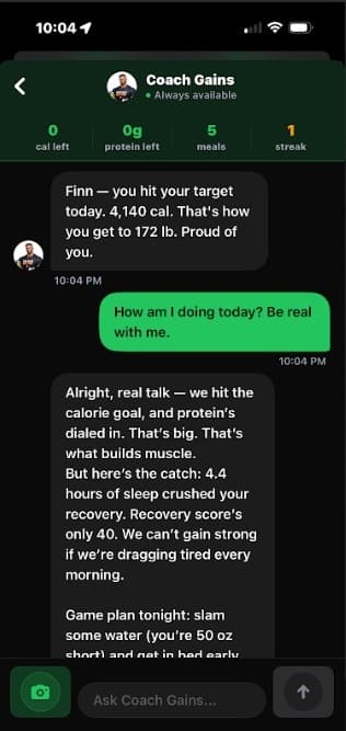 Coach Gains chat with a personalized coaching message